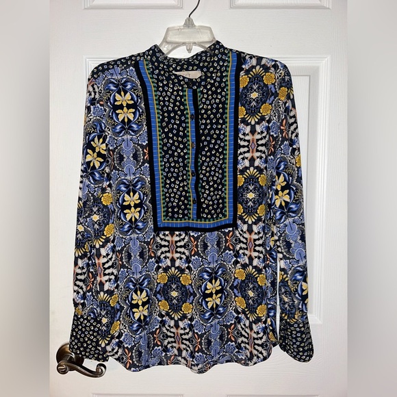 LOFT Blue and Yellow Patterned Long sleeve light weight Blouse size large - Picture 1 of 3